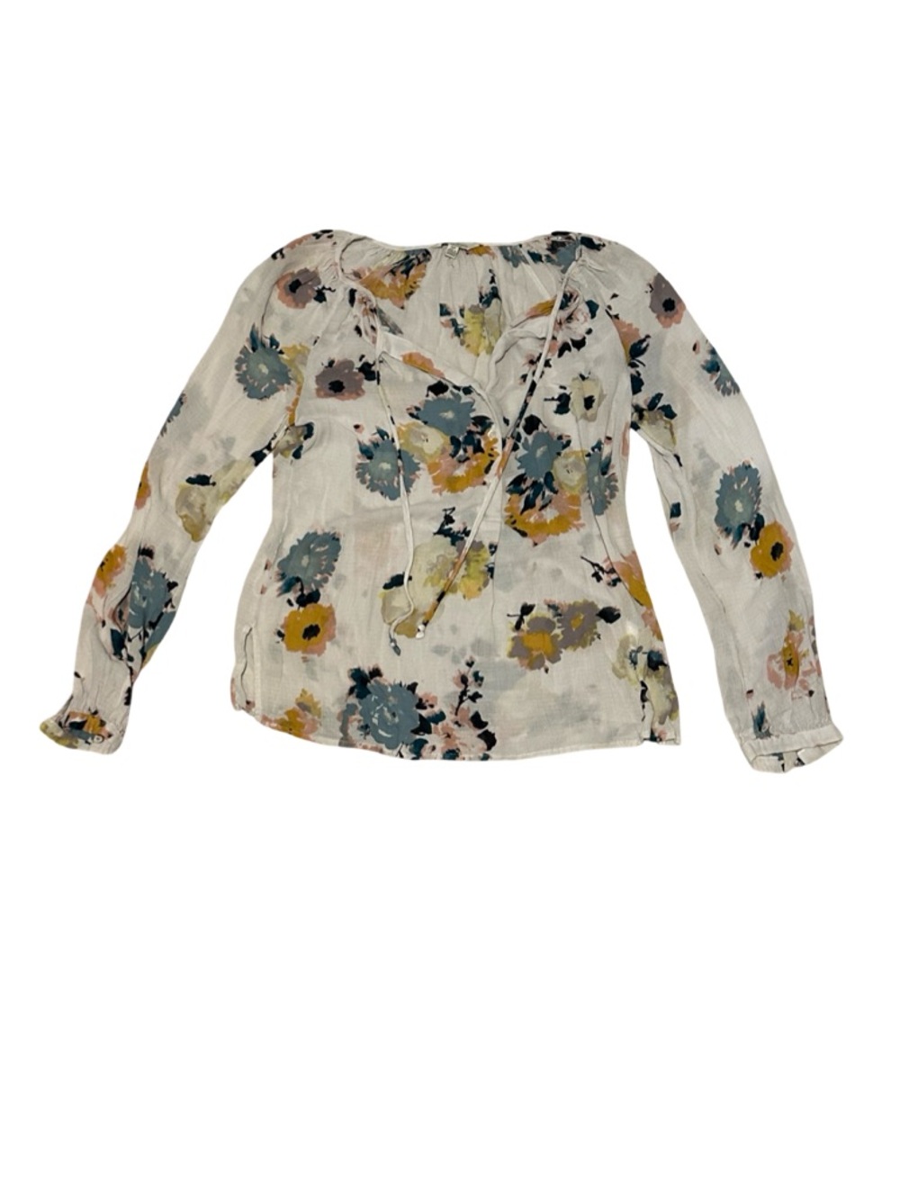Lucky Brand Floral Peasant Blouse White Boho Long Sleeve Size Small